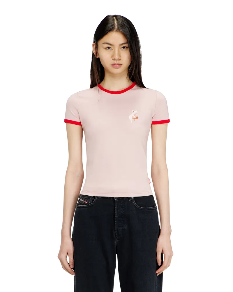 Diesel Schmales T-Shirt mit Schweinedruck - T-Shirts - Damen - Rosa Rosa
