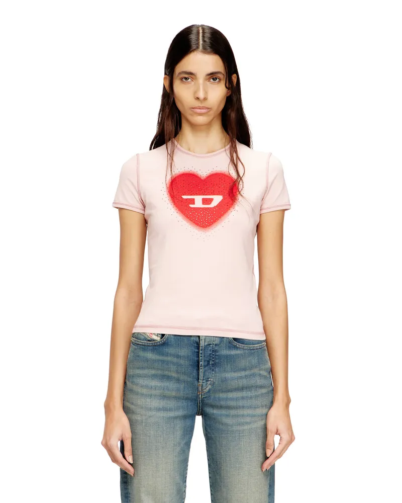 Diesel Schmales T-Shirt mit Herz-Print und Nieten - T-Shirts - Damen - Rosa Rosa