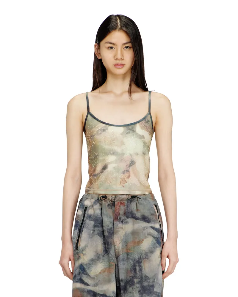 Diesel Skinny-Top aus Nylon mit Allover-Camouflage und Kristalldetails - T-Shirts - Damen - Grün Grün