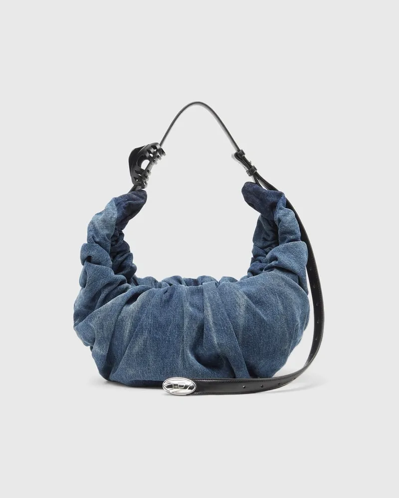 Diesel Grab-D L-Große, geknitterte Hobo-Tasche aus behandeltem Denim - Schultertaschen - Damen - Blau Blau