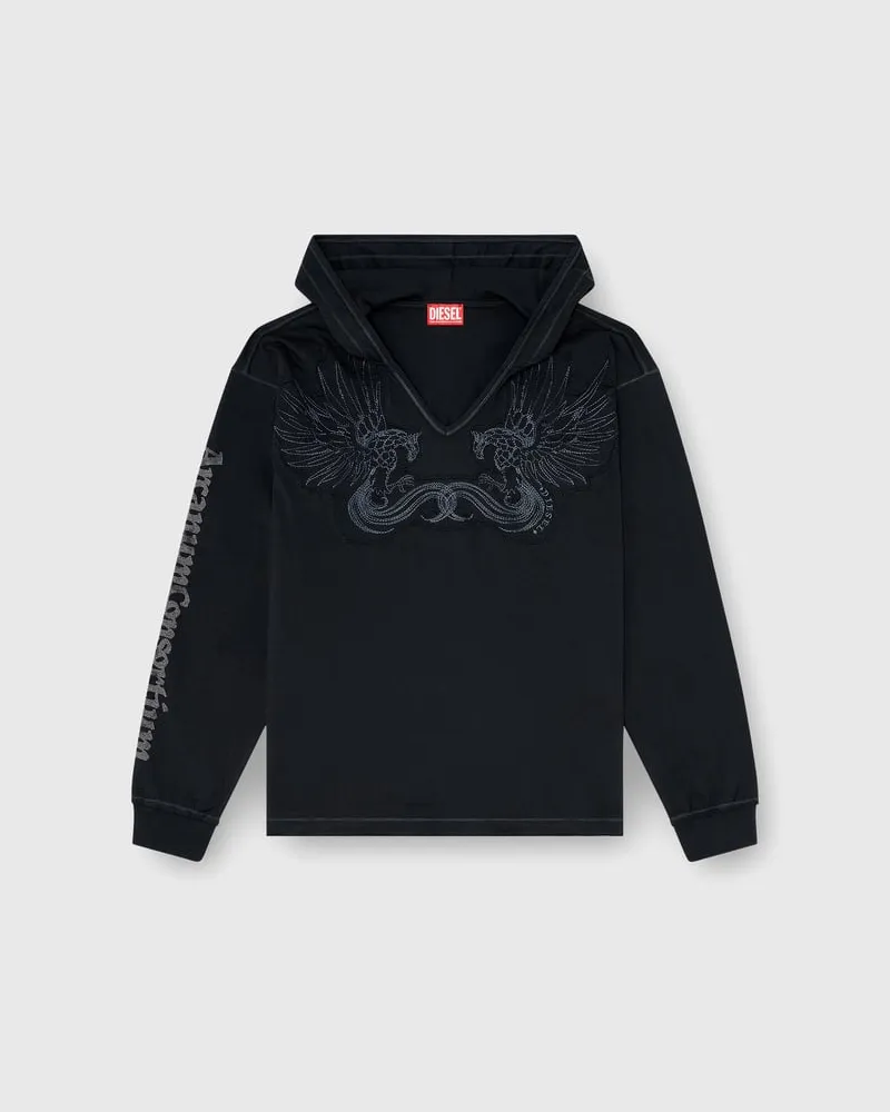 Diesel Kapuzenpullover mit V-Ausschnitt und Stickerei vorn - T-Shirts - Herren - Schwarz Schwarz