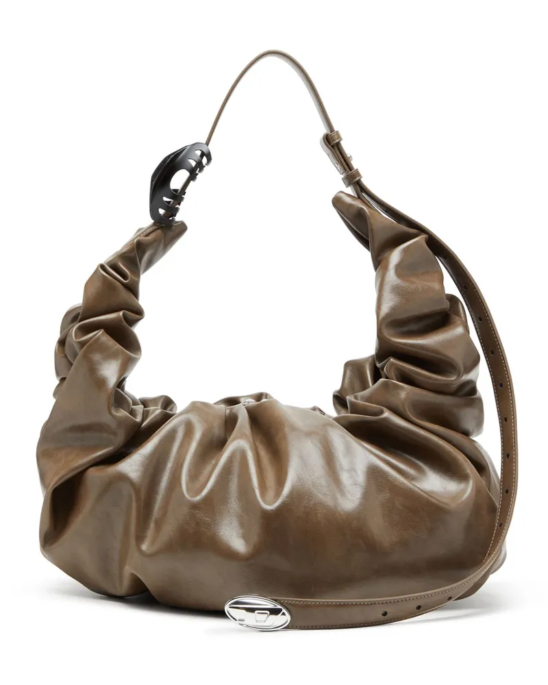 Diesel Große zerknitterte Hobo-Tasche aus glänzendem PU - Schultertaschen - Damen - Beige Beige