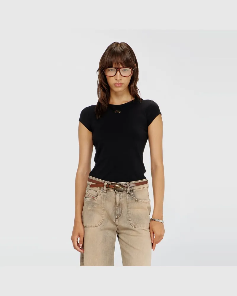 Diesel T-Shirt mit ausgeschnittenem, besticktem Logo - T-Shirts - Damen - Schwarz Schwarz