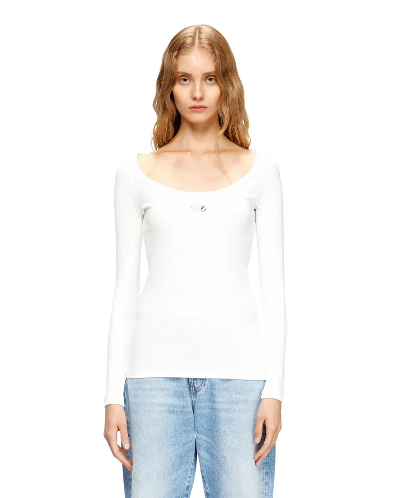 Diesel Langärmliges, geripptes Oberteil mit metallischem Oval D - T-Shirts - Damen - Weiss Weiss