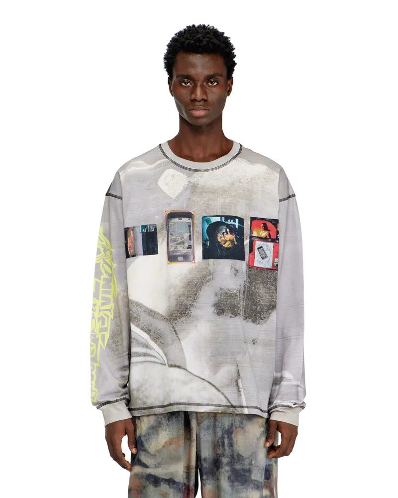 Diesel Langärmliges T-Shirt mit Allover-Print und Aufnähern - T-Shirts - Herren - Grau Grau