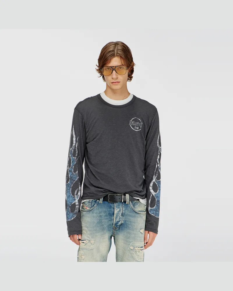 Diesel Langarm-T-Shirt aus Slub-Jersey mit Crack-Print - T-Shirts - Herren - Grau Grau