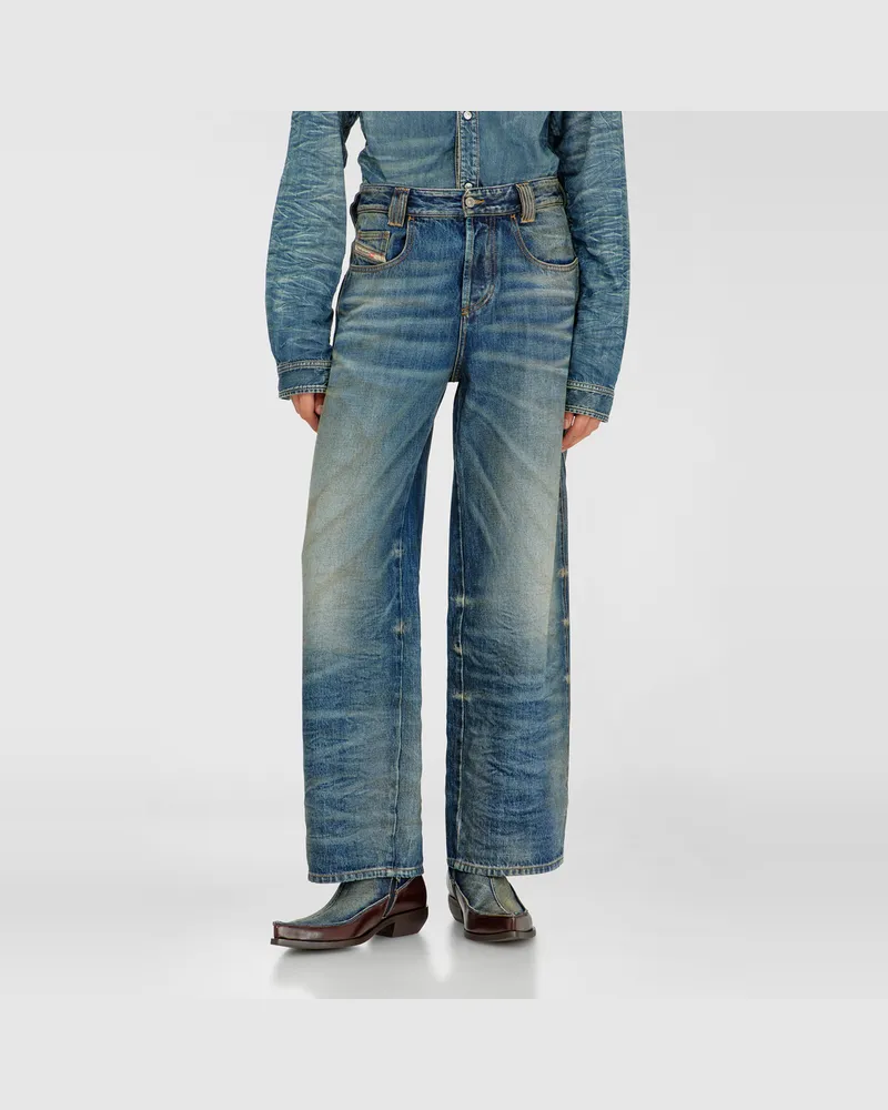Diesel Relaxed Jeans High Waist 1982 D-Hakou, Mittelblau, Knopfverschluss Blau