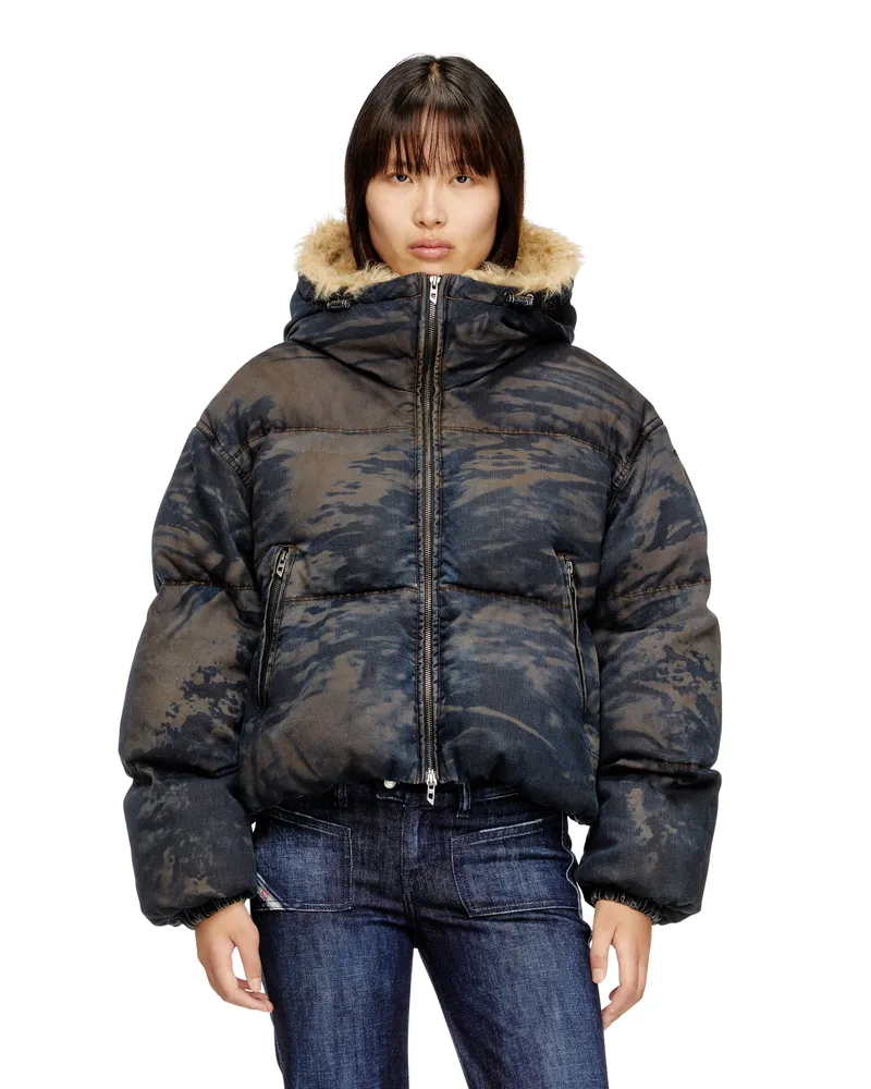 Diesel Daunen-Jacke mit Kapuze aus Denim mit Camo-Muster im Schmutz-Effekt - Winterjacken - Damen - Bunt Bunt