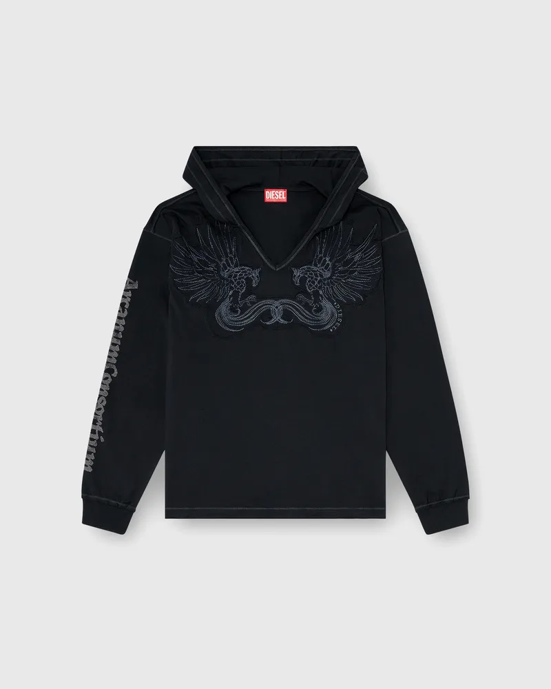 Diesel Kapuzenpullover mit V-Ausschnitt und Stickerei vorn - T-Shirts - Herren - Schwarz Schwarz