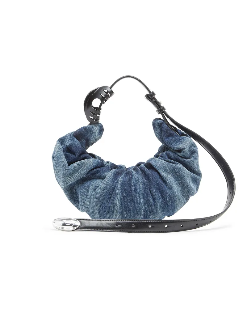 Diesel Grab-D S-Kleine, geknitterte Hobo-Tasche aus behandeltem Denim - Schultertaschen - Damen - Blau Blau