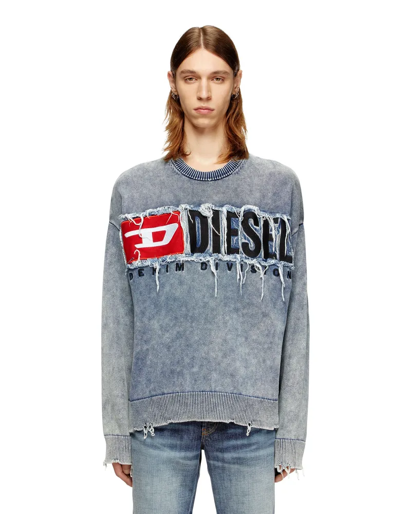 Diesel Pullover aus Baumwolle mit Denim-Logo-Patch - Strickwaren - Herren - Blau Blau