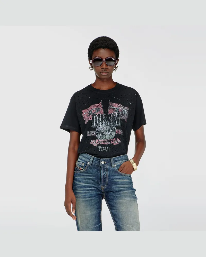 Diesel T-Shirt mit Konzertgrafik und Kristallen - T-Shirts - Damen - Schwarz Schwarz