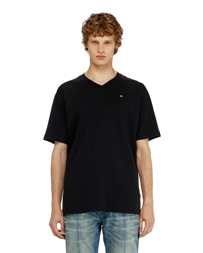 Diesel T-Shirt mit V-Ausschnitt und Mikro-Logo-Stickerei - T-Shirts - Herren - Schwarz Schwarz