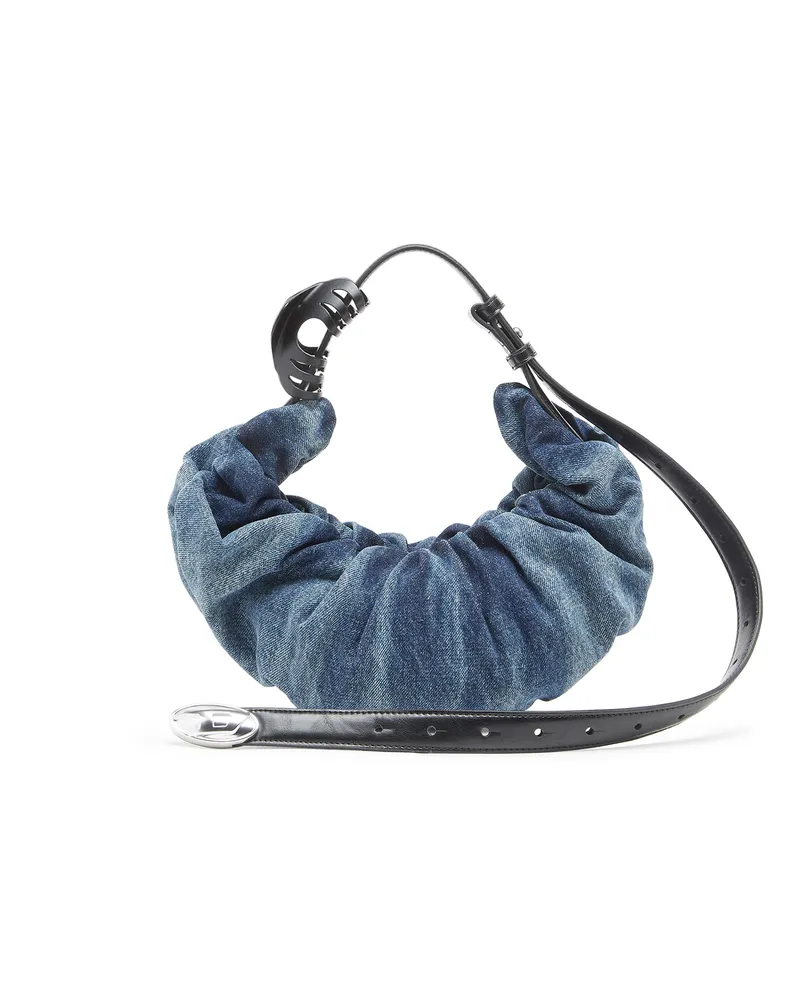 Diesel Grab-D S-Kleine, geknitterte Hobo-Tasche aus behandeltem Denim - Schultertaschen - Damen - Blau Blau