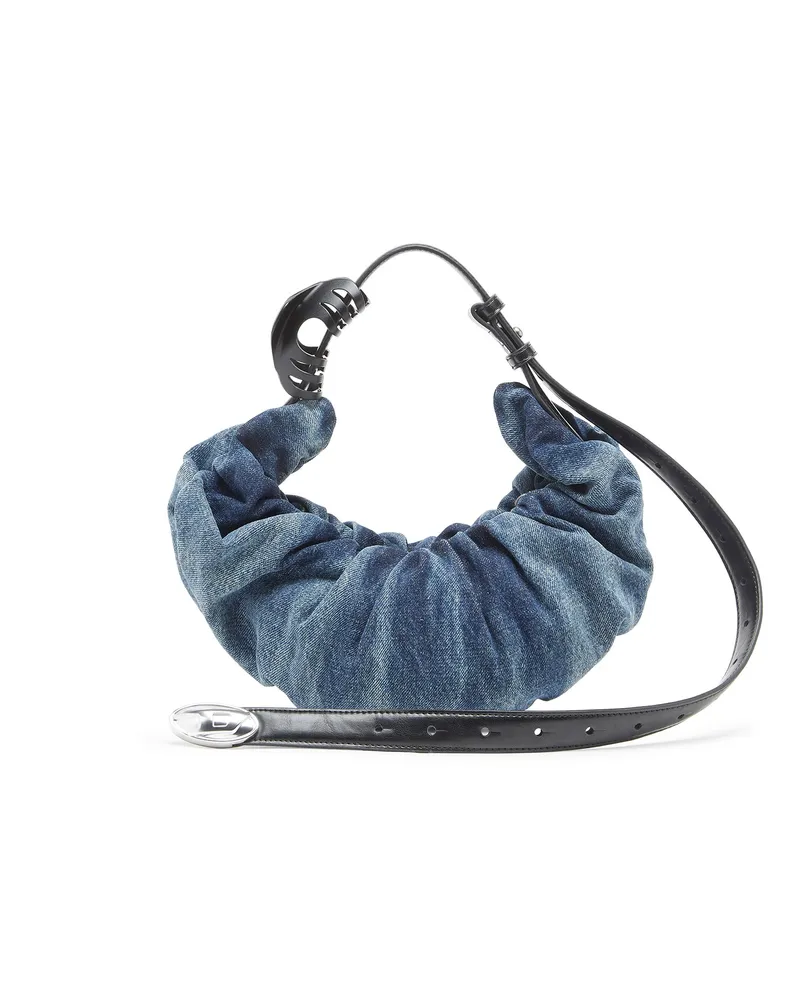 Diesel Grab-D S-Kleine, geknitterte Hobo-Tasche aus behandeltem Denim - Schultertaschen - Damen - Blau Blau