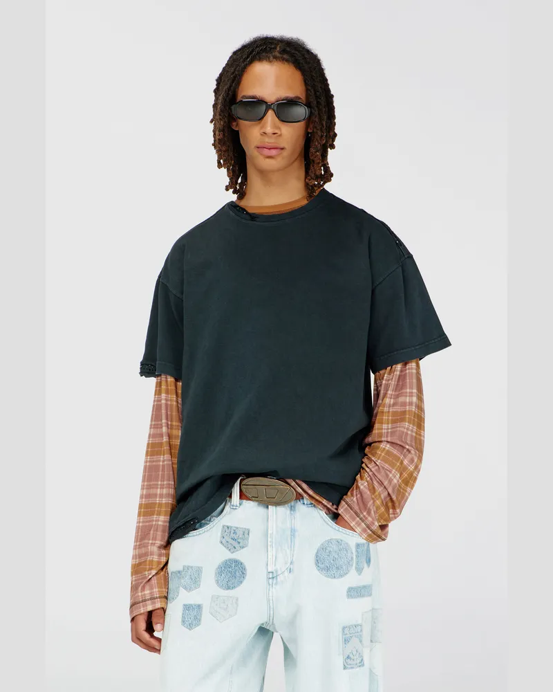 Diesel T-Shirt mit ausgefransten Kanten und Kristalldetails - T-Shirts - Herren - Schwarz Schwarz