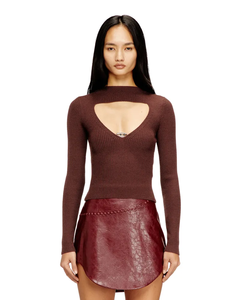 Diesel Gerippter Pullover aus Wolle mit Ausschnitt - T-Shirts - Damen - Braun Braun
