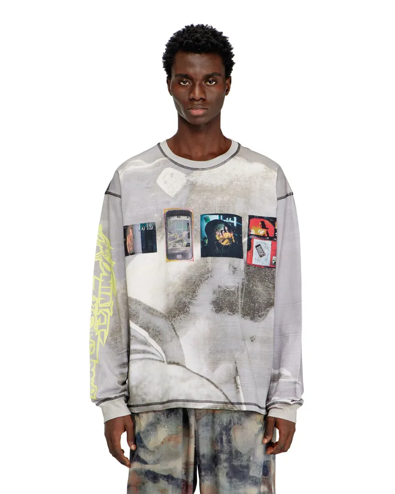 Diesel Langärmliges T-Shirt mit Allover-Print und Aufnähern - T-Shirts - Herren - Grau Grau