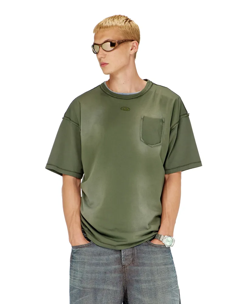 Diesel Verwaschenes T-Shirt mit zerrissener Brusttasche - T-Shirts - Herren - Grün Grün