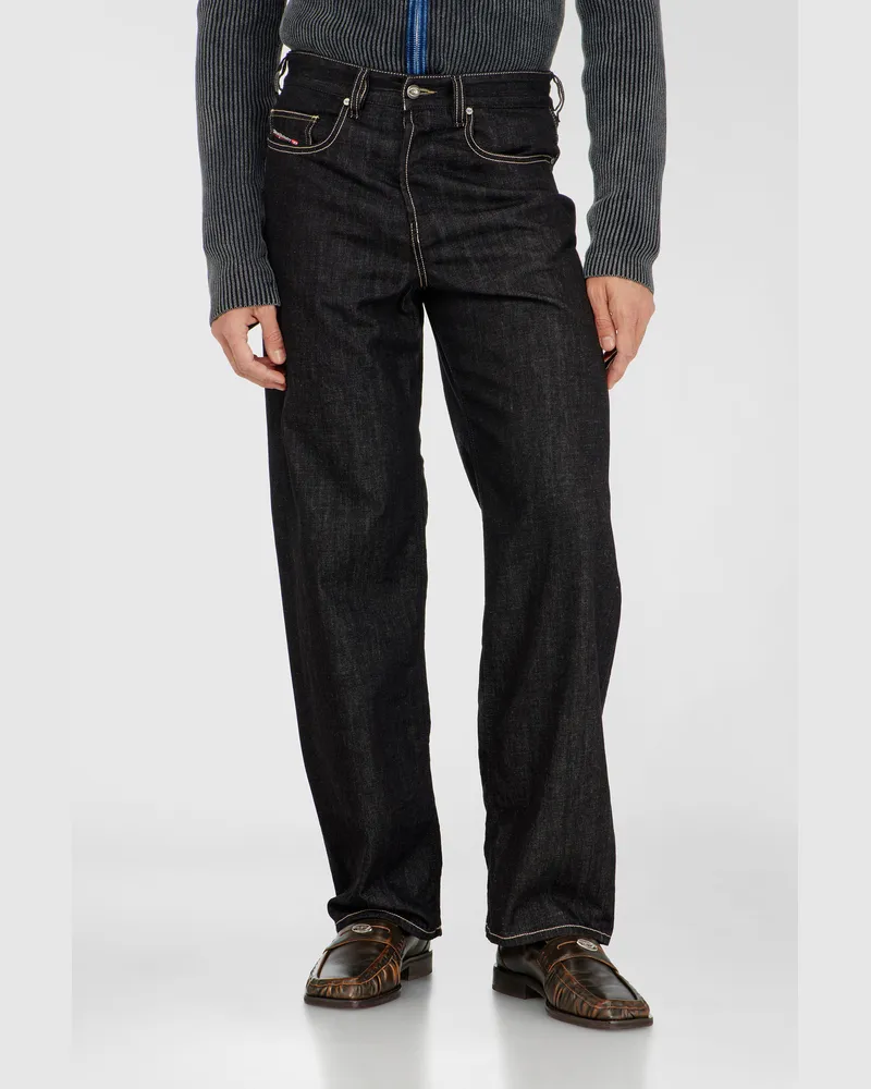 Diesel Relaxed Jeans Low Waist 2001 D-Macro, Schwarz/Dunkelgrau, Knopfverschluss Schwarz
