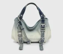 D-One-Small Henkeltasche aus solarisiertem Denim mit Kristallen - Handtaschen - Damen - Blau