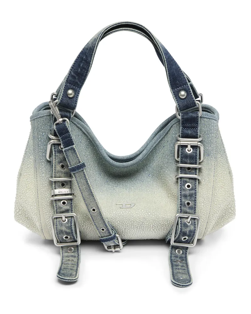 Diesel D-One-Small Henkeltasche aus solarisiertem Denim mit Kristallen - Handtaschen - Damen - Blau Blau