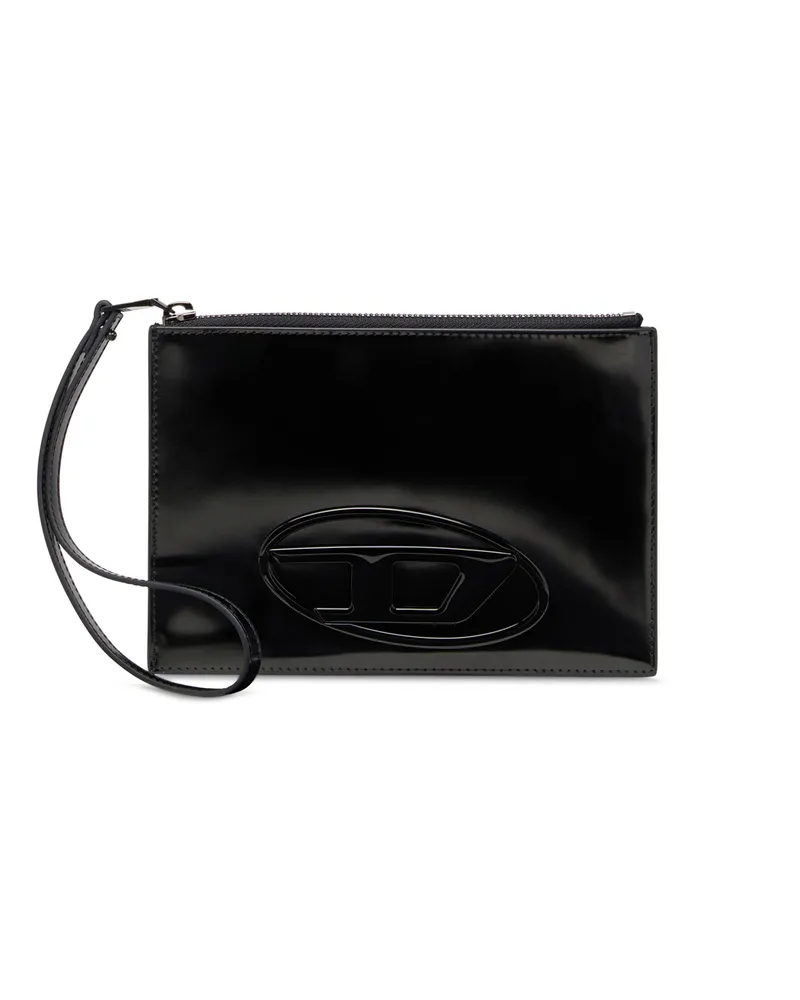 Diesel Pouch mit Reißverschluss aus Hochglanzleder - Kleine Portemonnaies - Unisex - Schwarz Schwarz
