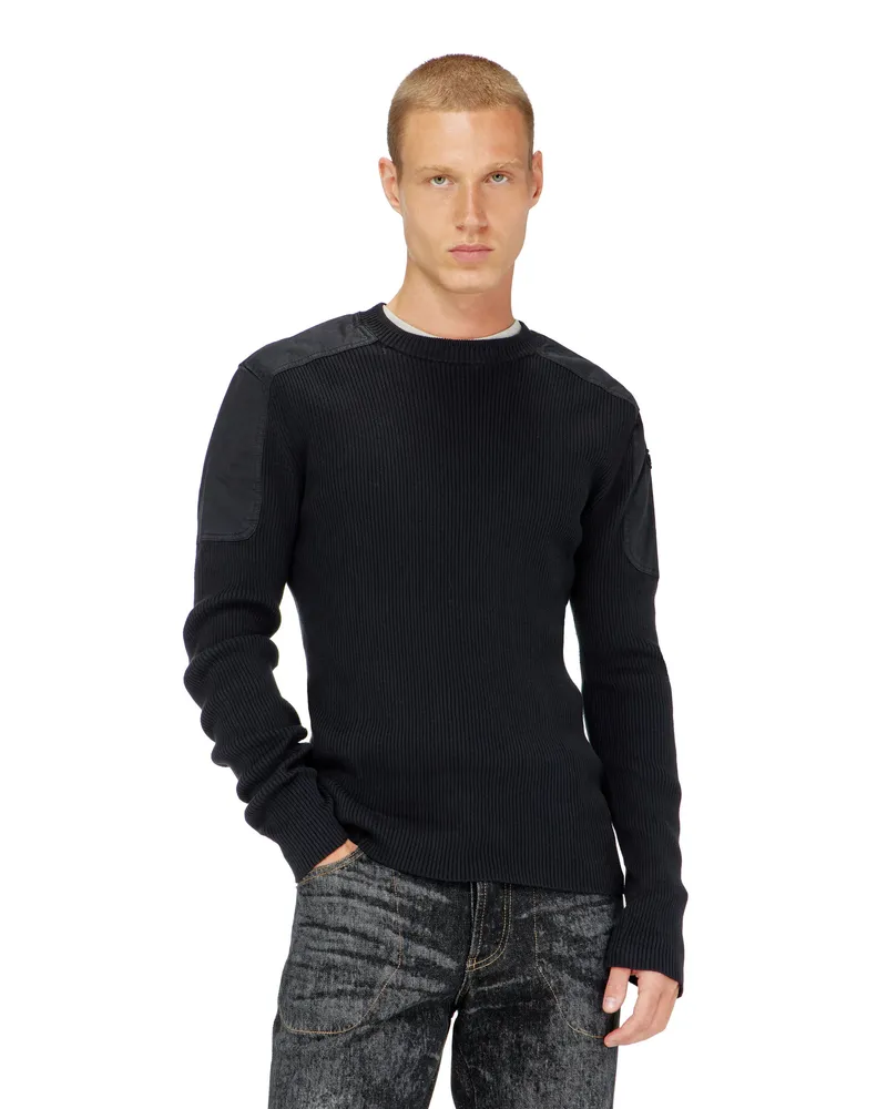 Diesel Gerippter Pullover mit Schultereinsätzen - Strickwaren - Herren - Schwarz Schwarz