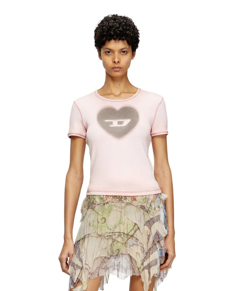 Diesel Geripptes T-Shirt mit Herz D-Wasserfarbe-Effekt - T-Shirts - Damen - Rosa Rosa