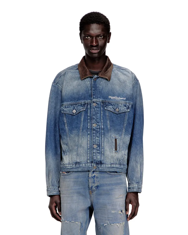 Diesel Jeans-Truckerjacke mit kontrastierenden Lederbesätzen - Denim jacken - Unisex - Blau Blau