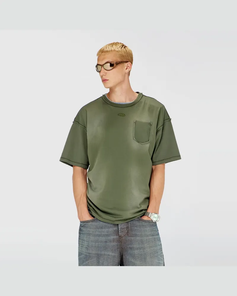 Diesel Verwaschenes T-Shirt mit zerrissener Brusttasche - T-Shirts - Herren - Grün Grün