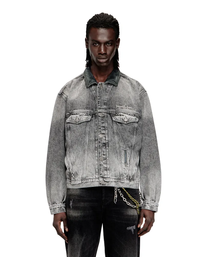 Diesel Denim-Truckerjacke mit tonalen Lederbesätzen - Denim jacken - Unisex - Grau Grau
