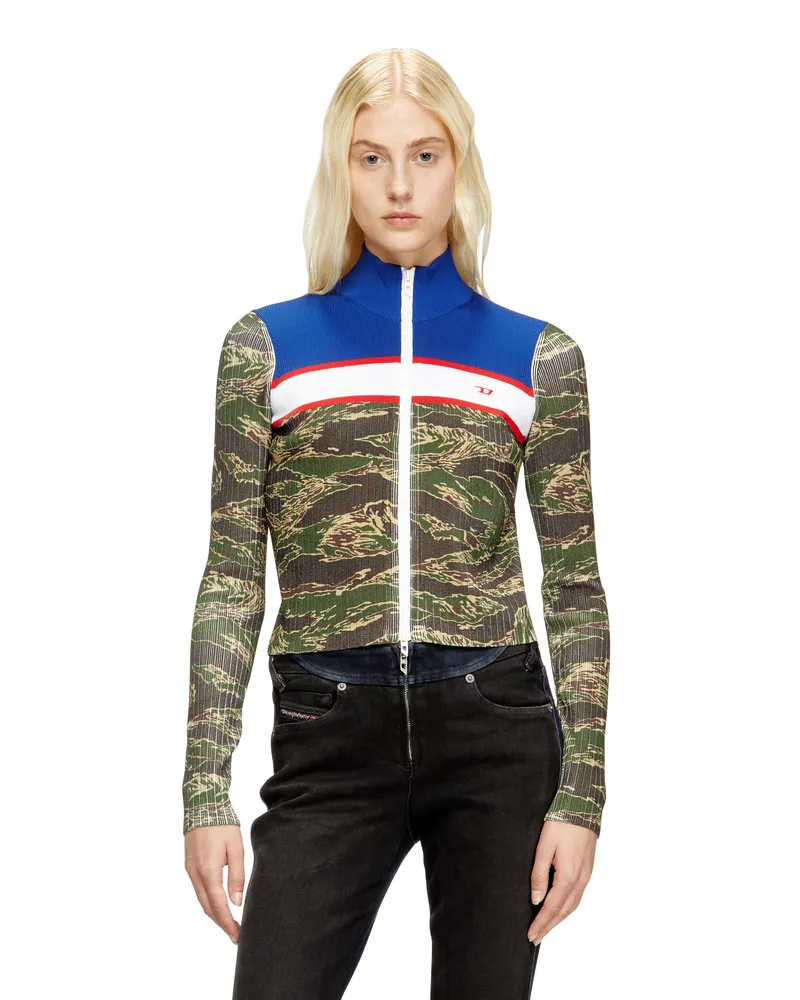 Diesel Pullover aus gerippter Viskose mit Camo-Reißverschluss - Strickwaren - Damen - Bunt Bunt