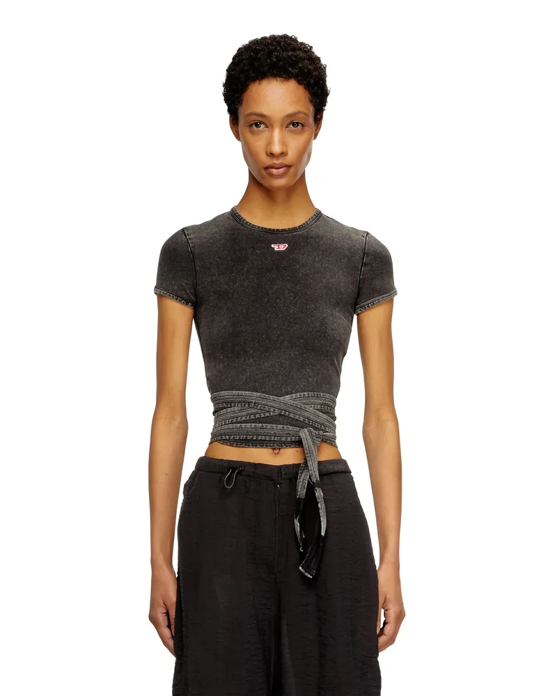 Diesel T-Shirt in Denim-Optik mit Wickelbändern - T-Shirts - Damen - Schwarz Schwarz