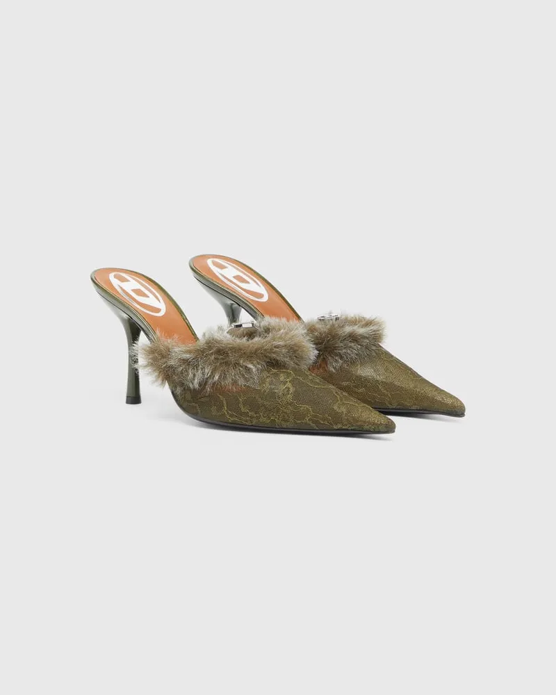 Diesel D-Jewels - Mules aus Nylon mit flauschigem Besatz - Mokassins und Mules - Damen - Grün Grün