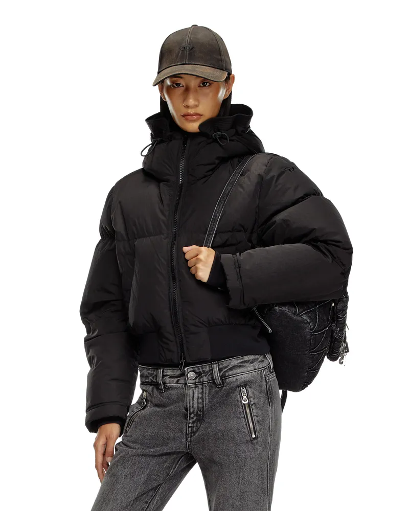 Diesel Daunenjacke mit Kapuze aus Nylon in Knitter-Optik - Winterjacken - Damen - Schwarz Schwarz