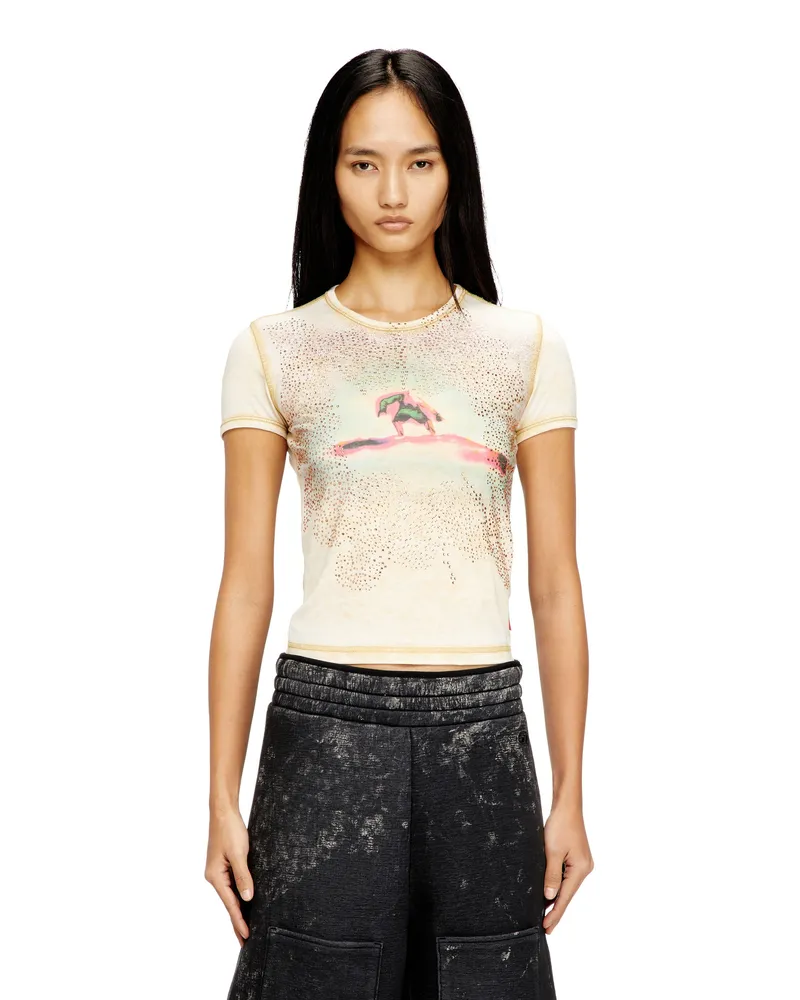 Diesel Schmales T-Shirt mit Strasssteinen - T-Shirts - Damen - Beige Beige