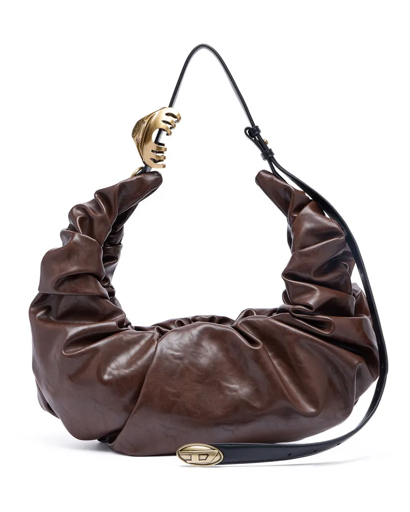 Diesel Große zerknitterte Hobo-Tasche aus glänzendem PU - Schultertaschen - Damen - Braun Braun