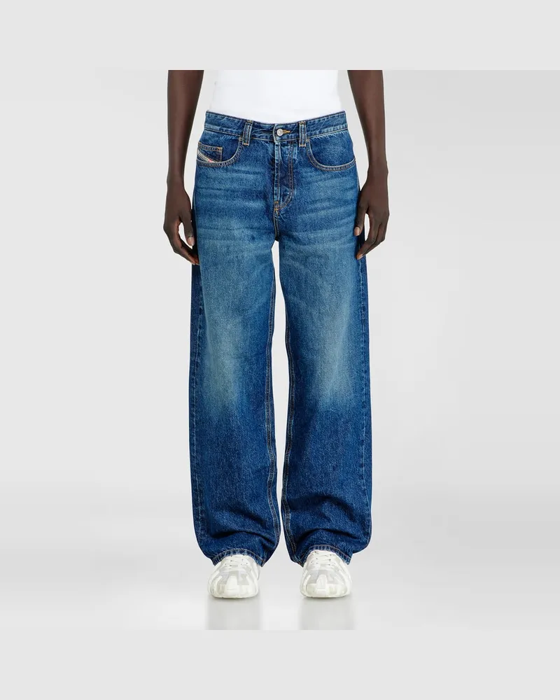 Diesel Relaxed Jeans Low Waist 2001 D-Macro, Mittelblau, Knopfverschluss Blau
