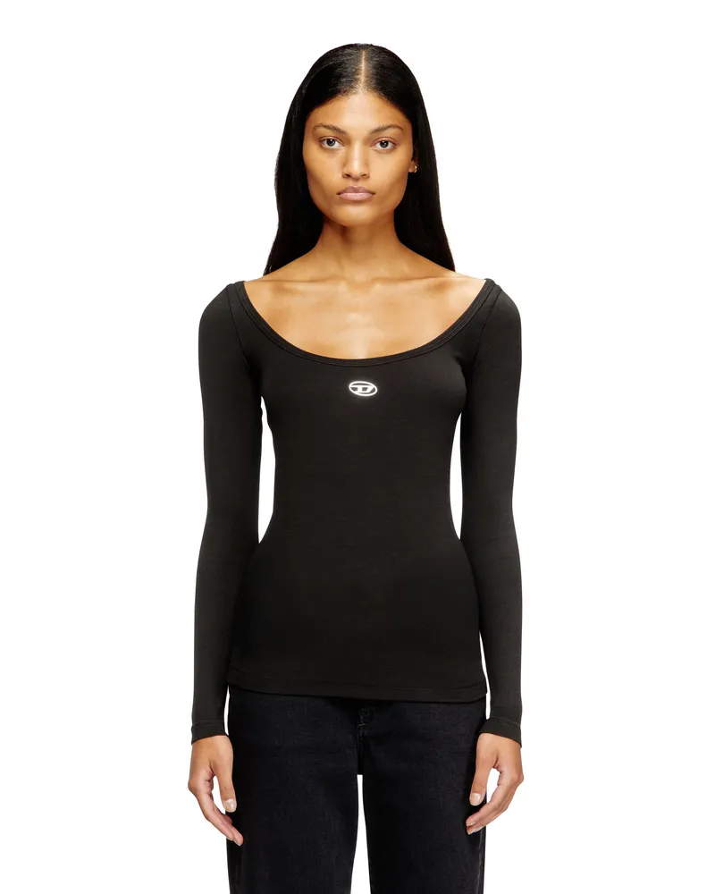 Diesel Langärmliges, geripptes Oberteil mit metallischem Oval D - T-Shirts - Damen - Schwarz Schwarz