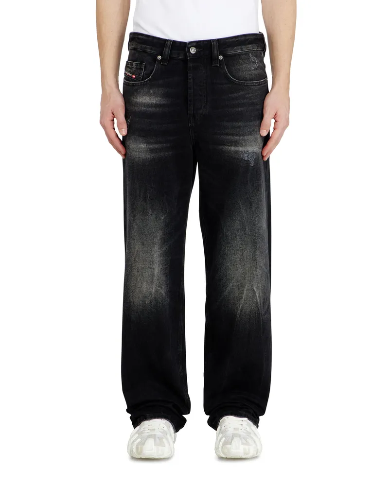 Diesel Relaxed Jeans Low Waist 2001 D-Macro, Schwarz/Dunkelgrau, Knopfverschluss Schwarz