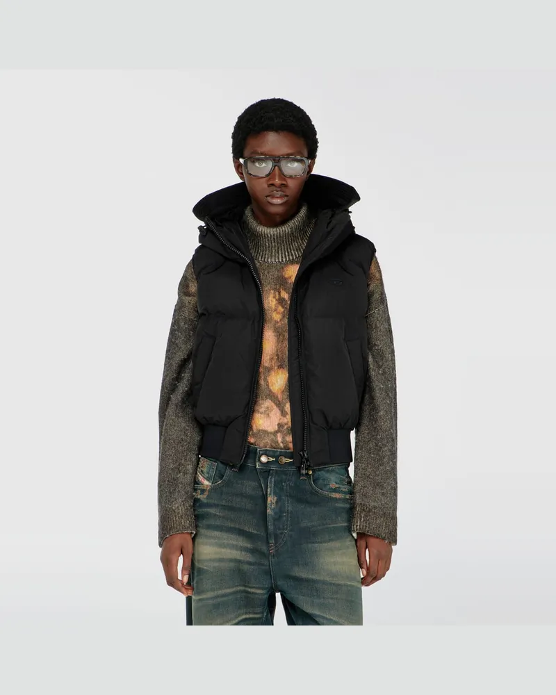 Diesel Daunenweste mit Kapuze aus Nylon in Knitter-Optik - Winterjacken - Damen - Schwarz Schwarz