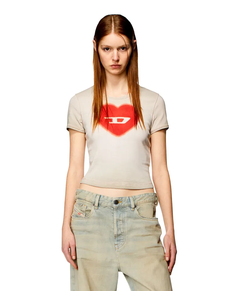 Diesel Geripptes T-Shirt mit Herz D-Wasserfarbe-Effekt - T-Shirts - Damen - Beige Beige