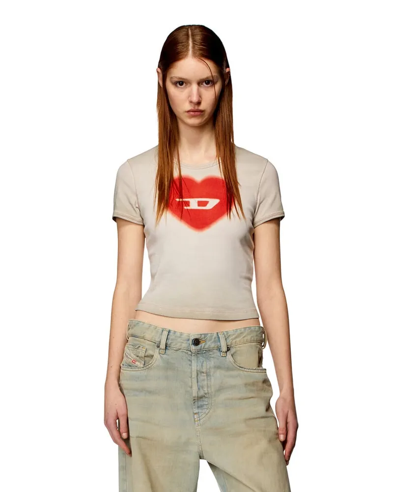 Diesel Geripptes T-Shirt mit Herz D-Wasserfarbe-Effekt - T-Shirts - Damen - Beige Beige