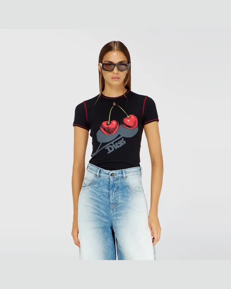 Diesel Schlank geschnittenes Baumwoll-T-Shirt mit Kirschdruck - T-Shirts - Damen - Schwarz Schwarz