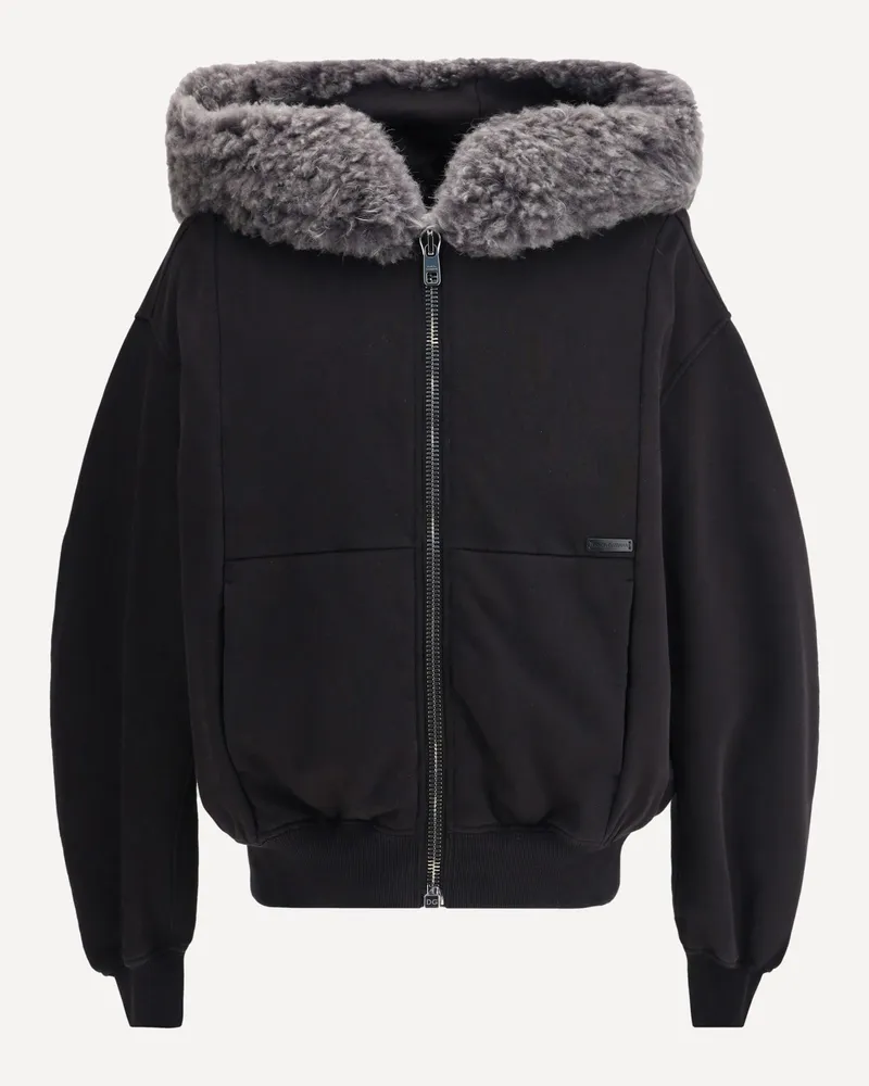 Dolce & Gabbana Hooded Sweatshirt with wide fur-trimmed hood Male Black