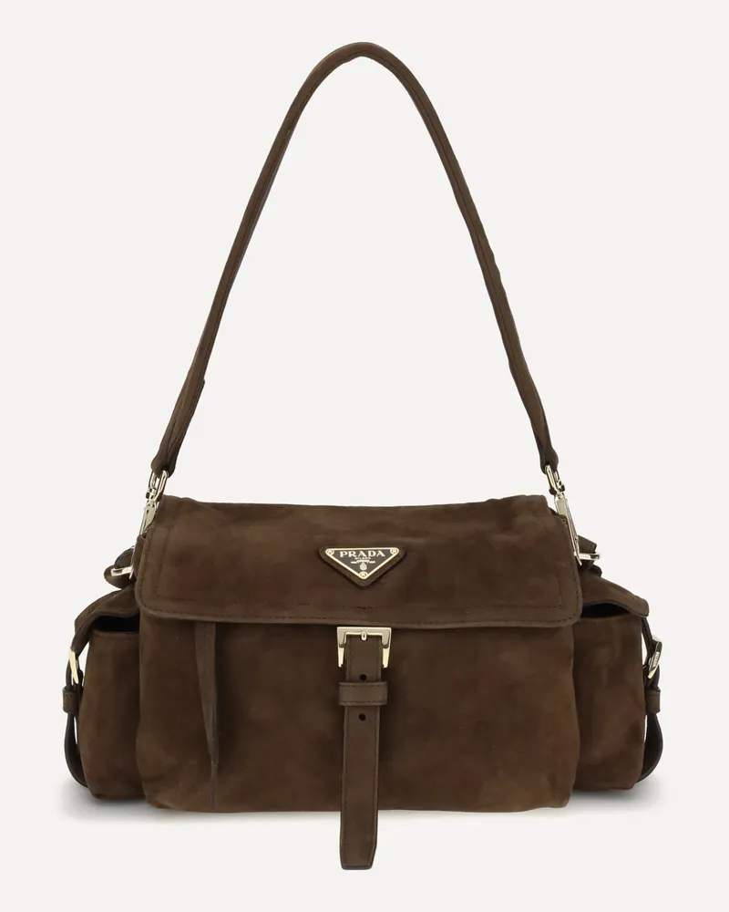 Prada Explore medium Suede Shoulder Bag Female Brown