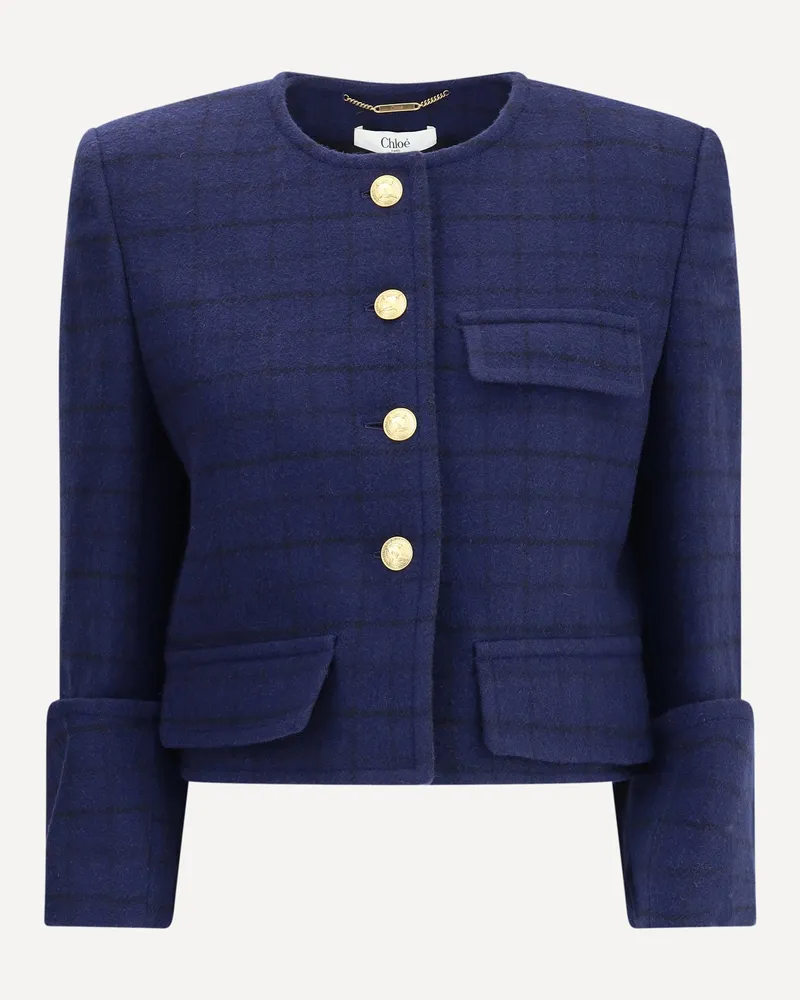 Chloé Boxy Jacket in wool plaid Female Blue