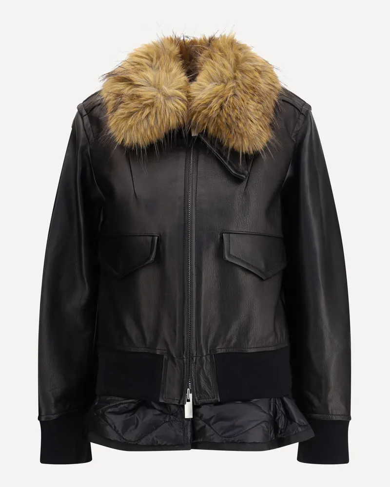Sacai Leather Jacket with a Plush collar Female Black