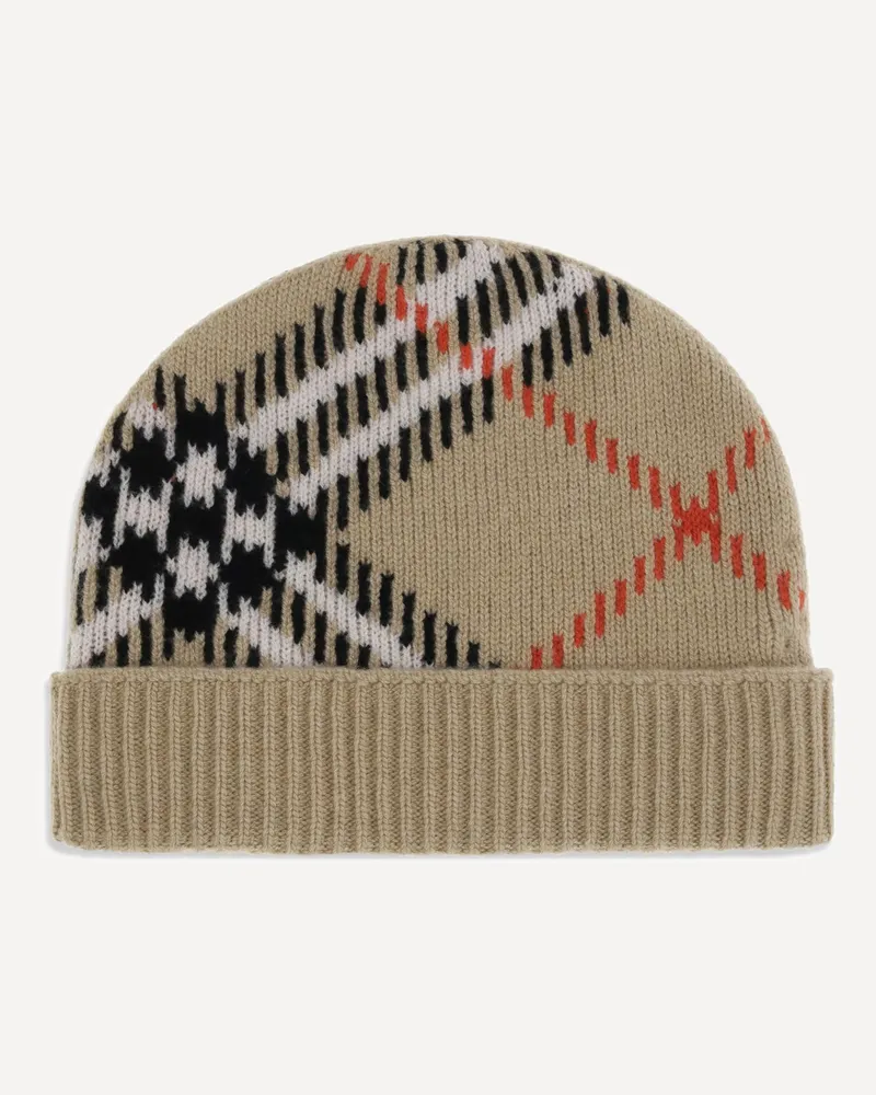 Burberry Cashmere blend Check beanie Hat Male Beige
